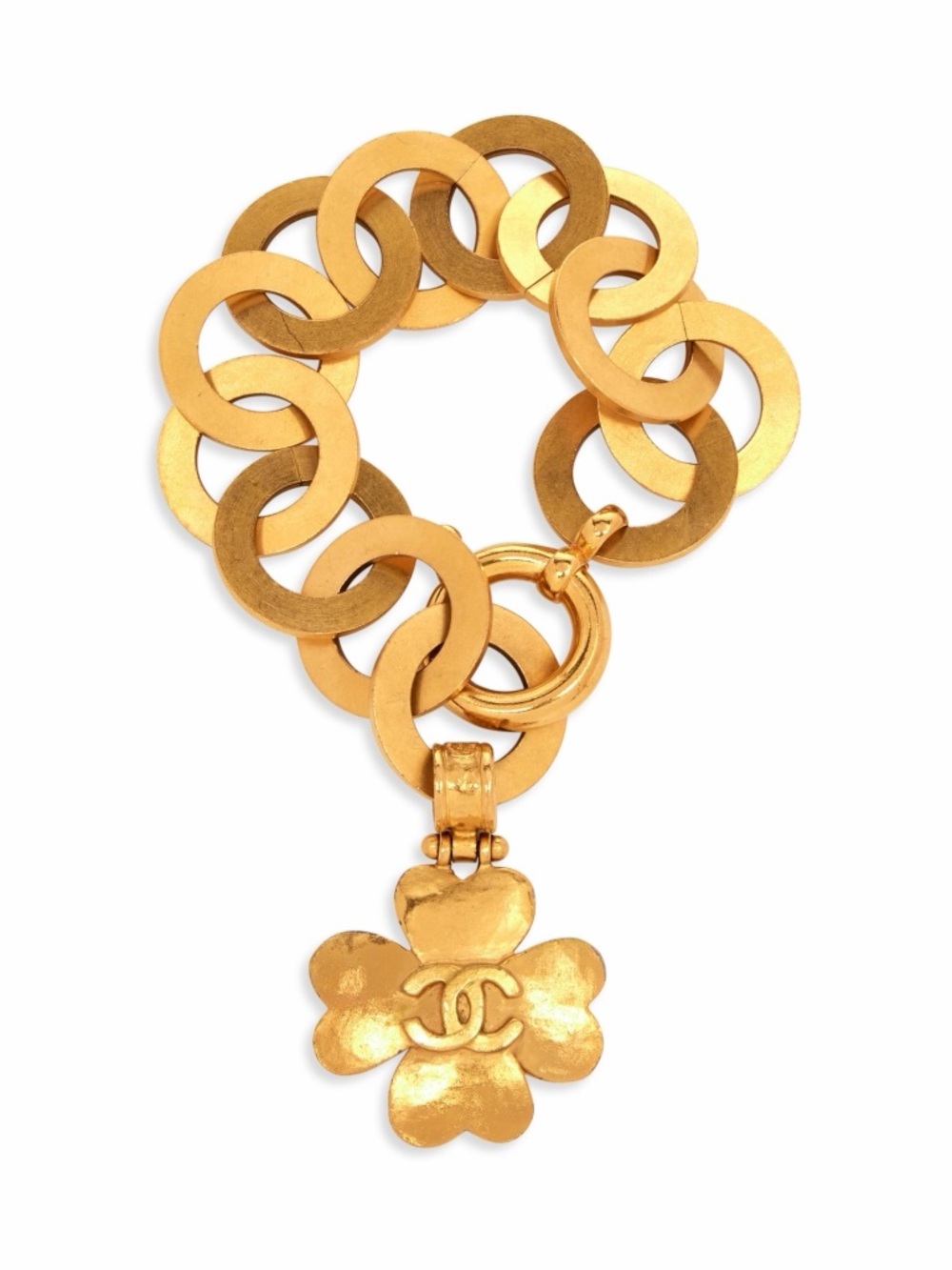 Chanel Gold Hammered Metal Round Chain Link CC Clover Charm Bracelet - Picture 12 of 12